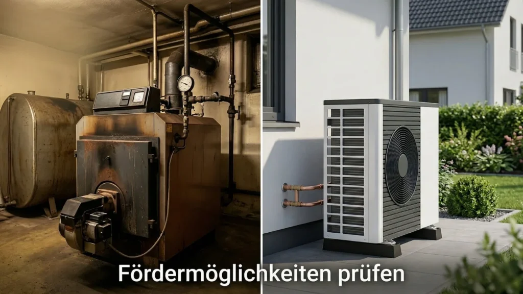 Alte Heizkessel im Vergleich zu einer modernen Waermepumpe – die BAFA-Foerderung fuer Einzelmassnahmen unterstuetzt den Umstieg