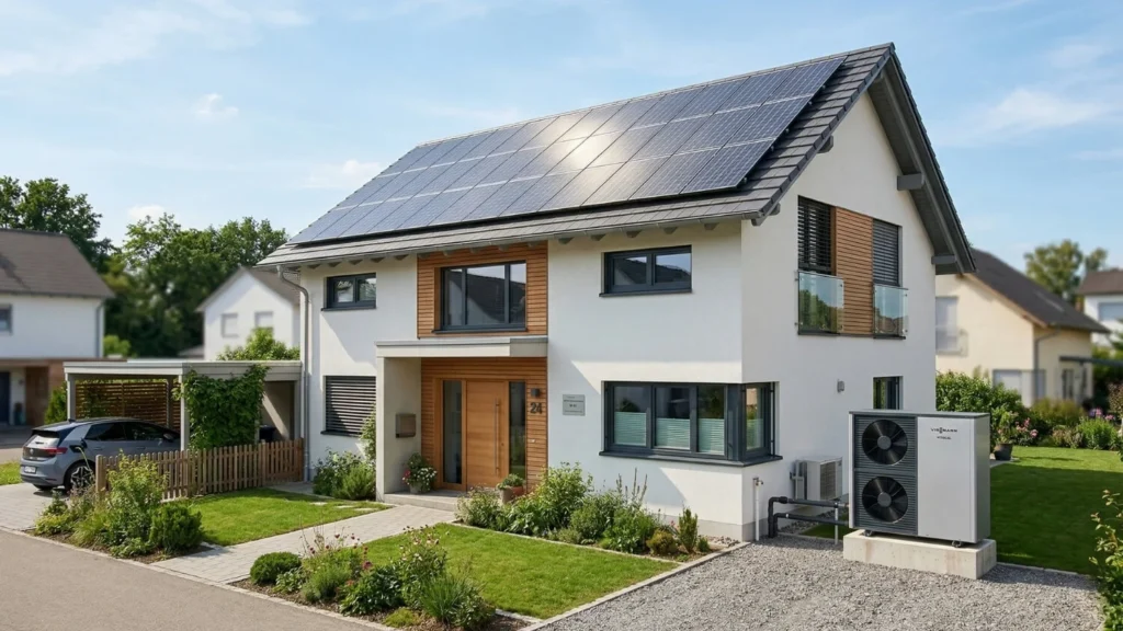 Photovoltaik-Module auf einem Hausdach im Sonnenlicht – Solaranlagen und Balkonkraftwerke senken die Stromkosten
